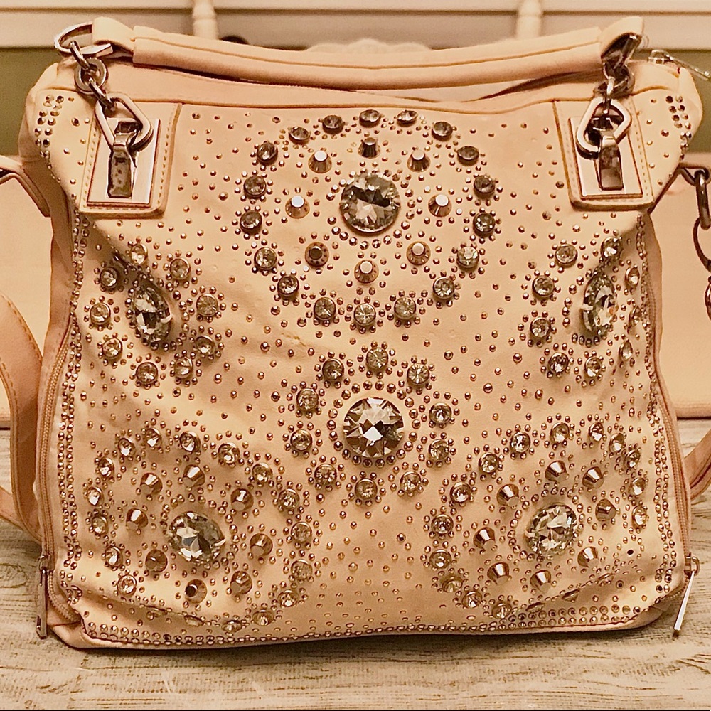 Rhinestone gem taupe/ivory tan purse shoulder bag